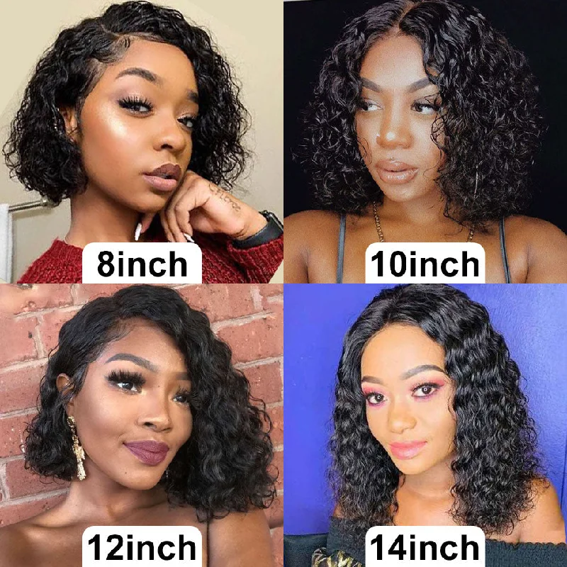 13x4/4x4 HD Transparent Lace Wigs Water Wave Bob Wigs  10A 180 210  Density  Human Hair Natural Color Wigs