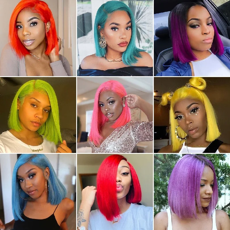 14 Inchs Colorful 13*4 Lace Front Human Hair Wigs Brazilian Straight Short Bob Wigs Transparent Lace Wig