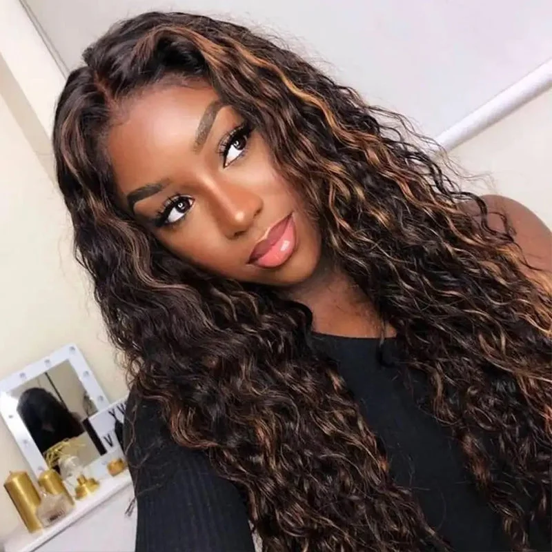 #2/27 Highlight Water wave Front Lace Wig Virgin Hair Natural Hairline