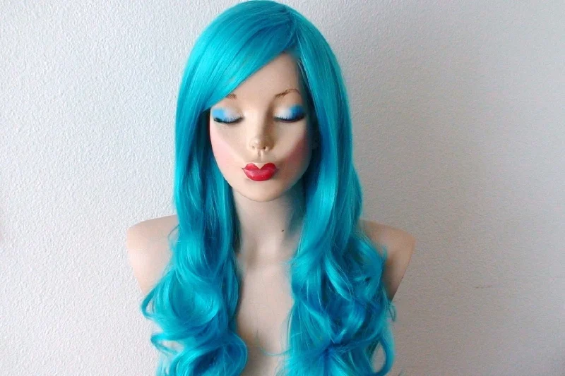 26"" Lace Front Teal Blue Long Curly Hair Long Side Bangs Wig