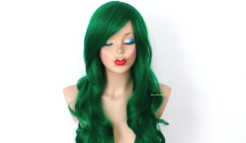 26"" Lace Front Irish Green Long Curly Hair Long Side Bangs Wig