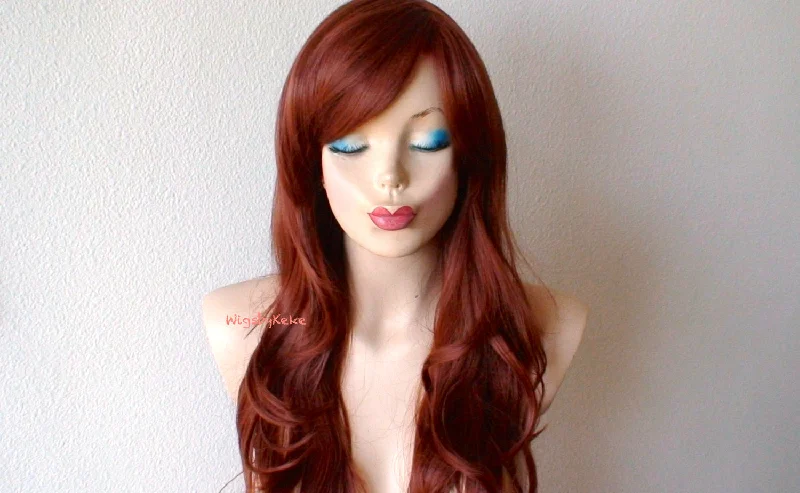 26"" Lace Front Dark Auburn Long Wavy Hair Side Bangs Wig