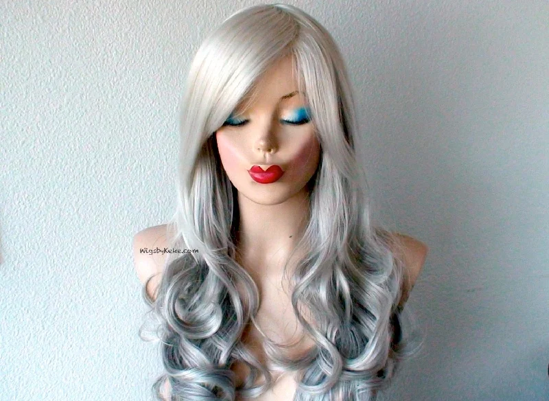 26"" Lace Front Grey Ombre Long Curly Hair Side Bangs Wig. Salt Pepper Ombre Wig