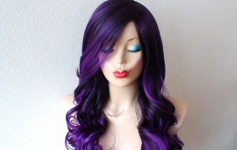 26"" Lace Front Purple Ombre Curly Hair Long Side Bangs Wig