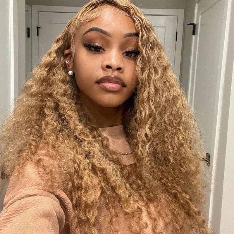 #27 Honey Blonde Water Wave Hair Glueless 5x5 13x4 HD Lace Wigs