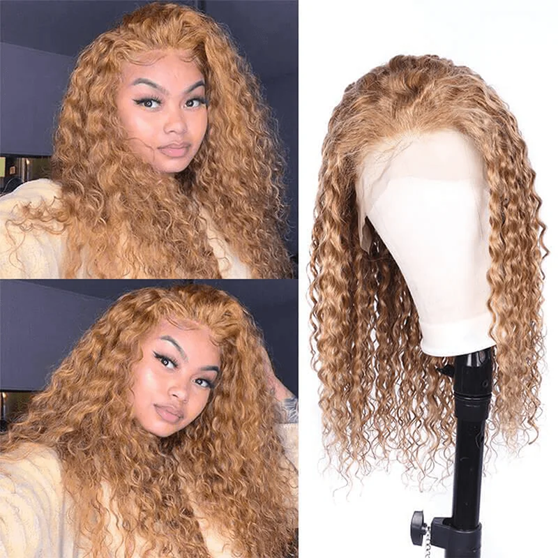 #27 Honey Blonde Water Wave Hair Glueless 5x5 13x4 HD Lace Wigs