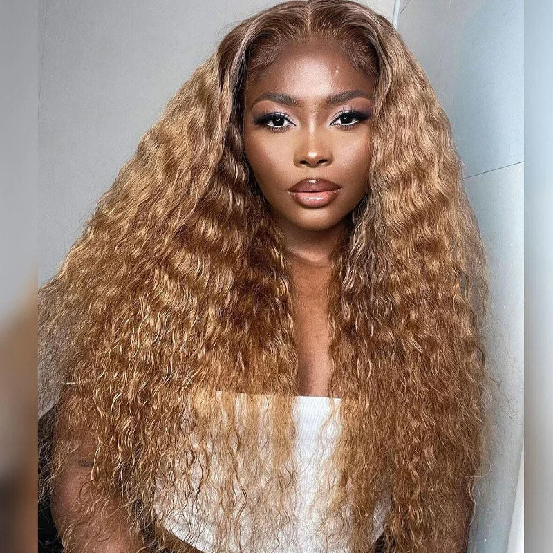 #27 Honey Blonde Water Wave Hair Glueless 5x5 13x4 HD Lace Wigs