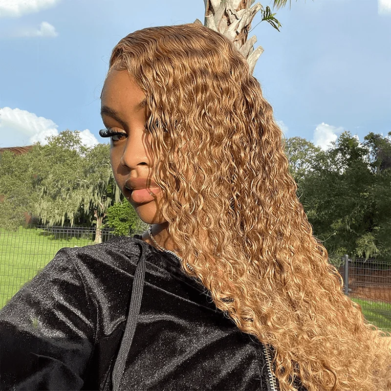 #27 Honey Blonde Water Wave Hair Glueless 5x5 13x4 HD Lace Wigs