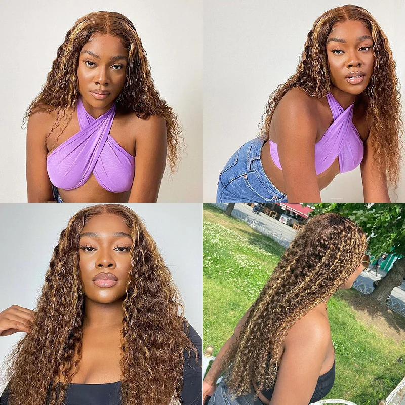 Vrvogue Hair 30 Inchs Highlight Deep Wave Wigs 13x4/T Part/4x4 Transparent Lace Wigs Virgin Hair