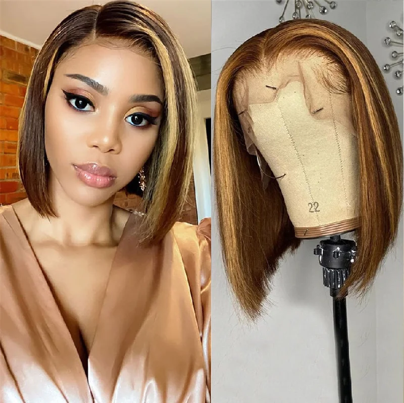 #4/27 Highlight Wigs Straight Hair 13x4/4x4 Lace Short Bob Wigs 180 210 Density Human Hair Wigs Vrvogue Hair