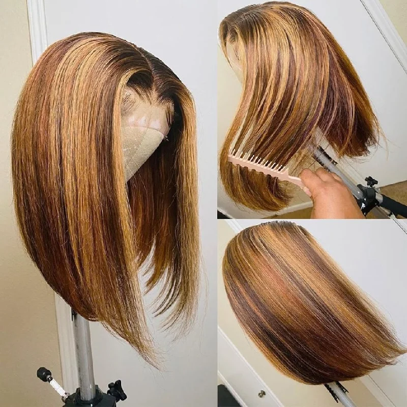 #4/27 Highlight Wigs Straight Hair 13x4/4x4 Lace Short Bob Wigs 180 210 Density Human Hair Wigs Vrvogue Hair