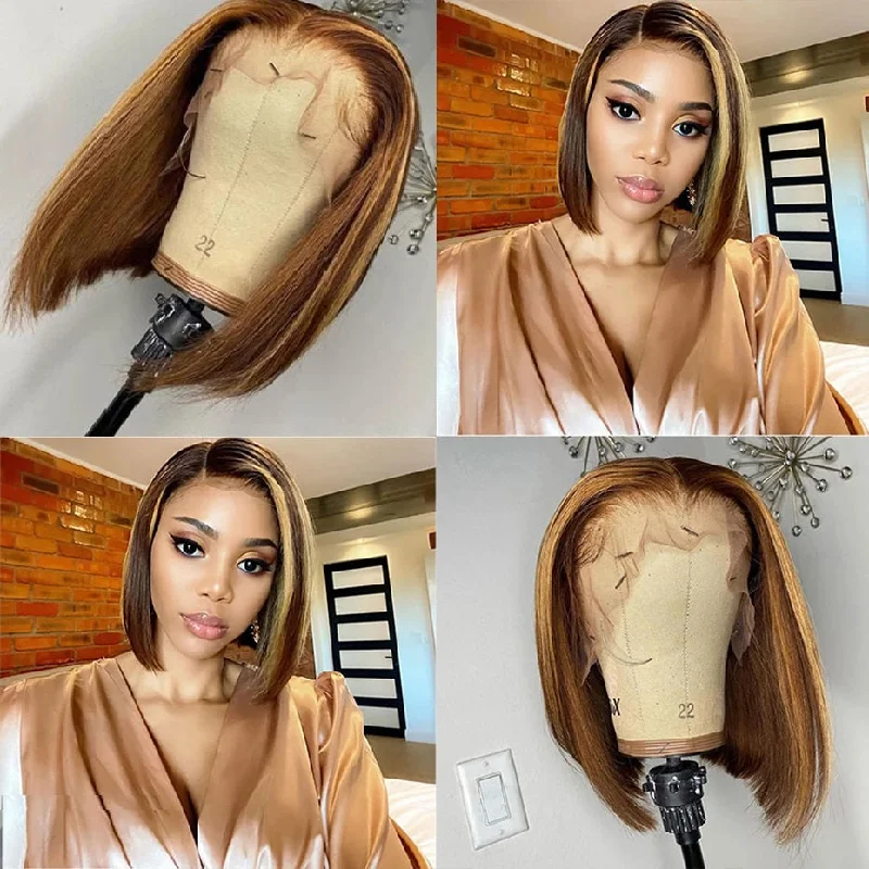 #4/27 Highlight Wigs Straight Hair 13x4/4x4 Lace Short Bob Wigs 180 210 Density Human Hair Wigs Vrvogue Hair