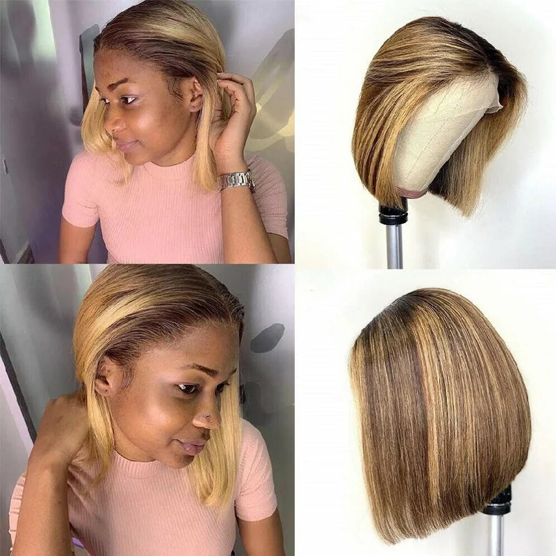 #4/27 Highlight Wigs Straight Hair 13x4/4x4 Lace Short Bob Wigs 180 210 Density Human Hair Wigs Vrvogue Hair