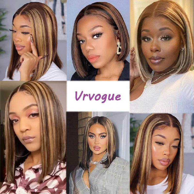 #4/27 Highlight Wigs Straight Hair 13x4/4x4 Lace Short Bob Wigs 180 210 Density Human Hair Wigs Vrvogue Hair