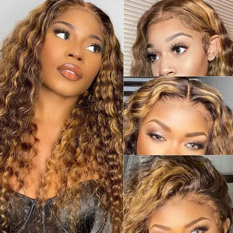 #4/27 Piano Highlight Loose Deep Wave Transparent Frontal Lace Virgin Hair Wigs