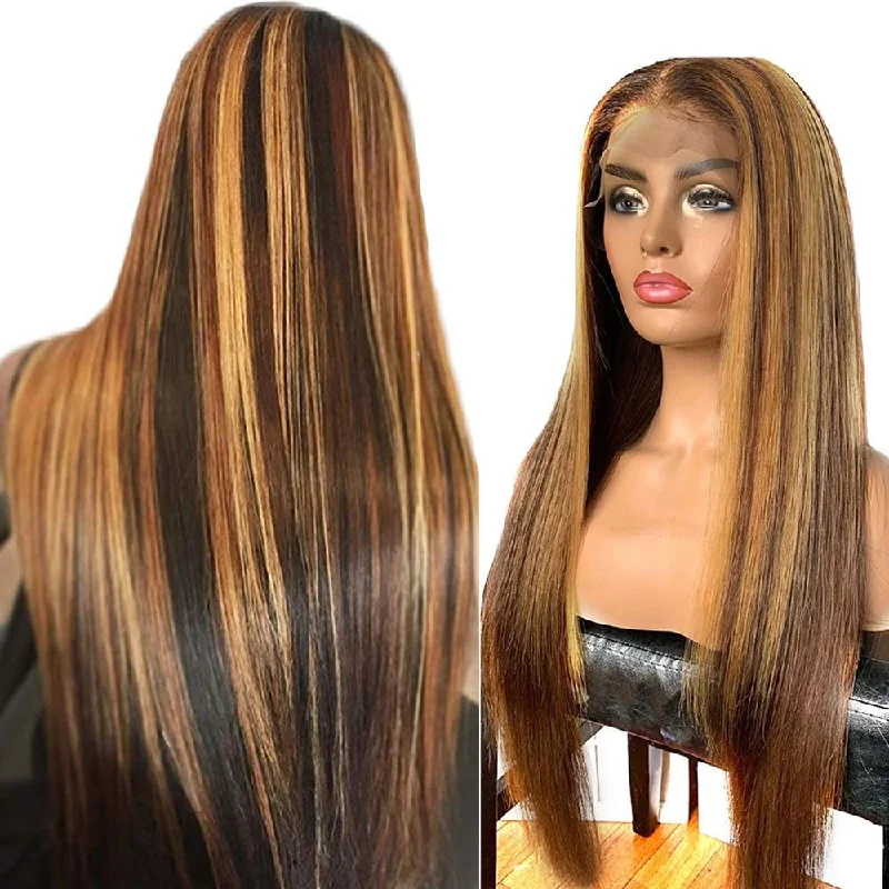 4*4 Lace Front Wig Human Hair P4/27 Highlight Wig Brown Colored Human Hair Wig