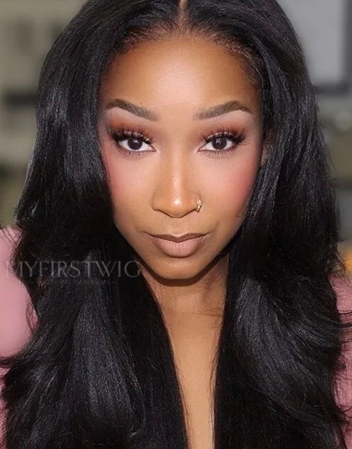 4C Natural Edges - Yaki Texture With Middle Part Layered Glueless Invisible Lace Front Wigs - 4CEY005