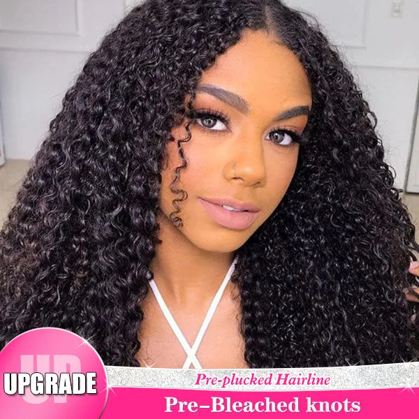 Reshine Bleached Knots Kinky Curly Hair 4x4 5x5 Lace Closure Wig Natural Color Curly Human Hair Wigs