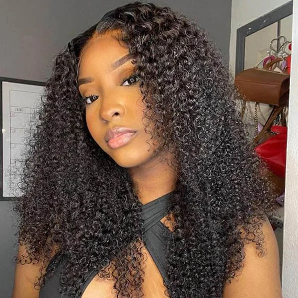 Reshine Bleached Knots Kinky Curly Hair 4x4 5x5 Lace Closure Wig Natural Color Curly Human Hair Wigs