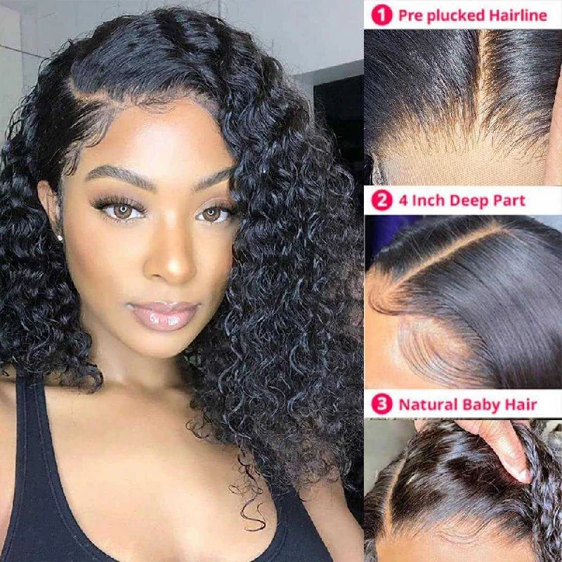 4x4 Lace Closure Water Wave Short Bob Wigs Human Hair Wigs