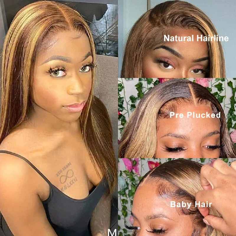 Highlight Color #4/27 Straight Hair 13*4/T Part/4*4  Lace  Wigs With Baby Hair 180 210 Density Human Hair Wigs Vrvogue hair