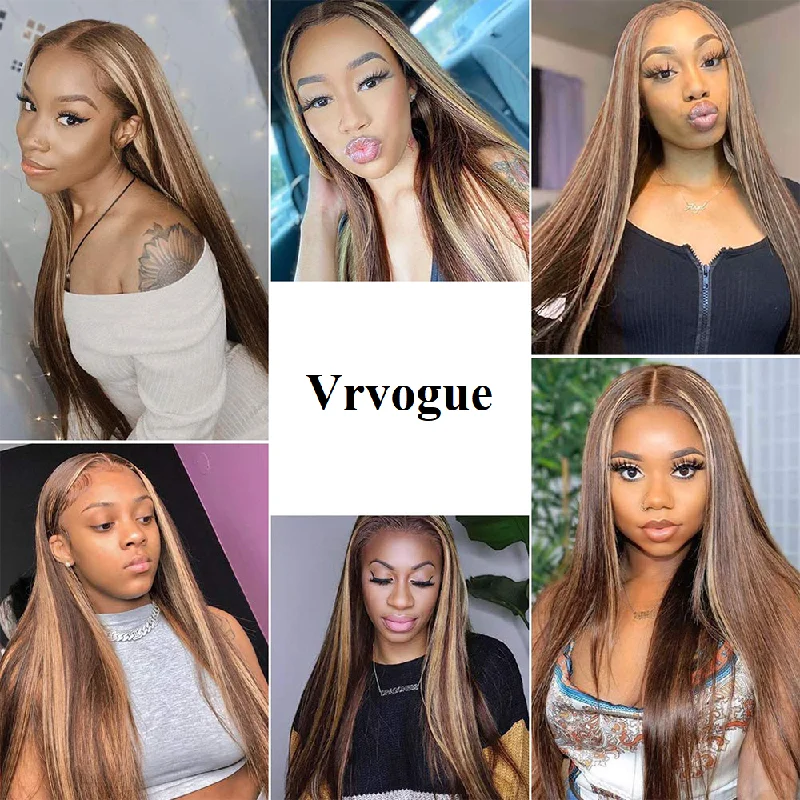 Highlight Color #4/27 Straight Hair 13*4/T Part/4*4  Lace  Wigs With Baby Hair 180 210 Density Human Hair Wigs Vrvogue hair