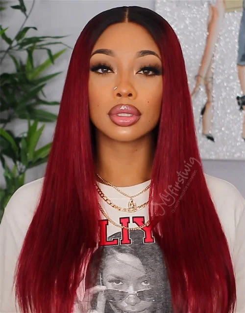 Aliyah - Human Hair Ombre Burgundy Lace Front Wig - LFW055