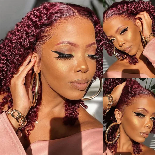 Burgundy 99J Color Jerry Curly T Part 13*4 Lace Frontal Human Hair Wig 180% Density Lace Part Wigs - Amanda Hair