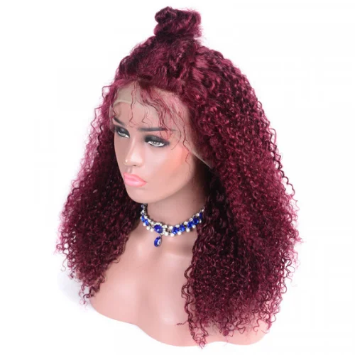 Burgundy 99J Color Jerry Curly T Part 13*4 Lace Frontal Human Hair Wig 180% Density Lace Part Wigs - Amanda Hair