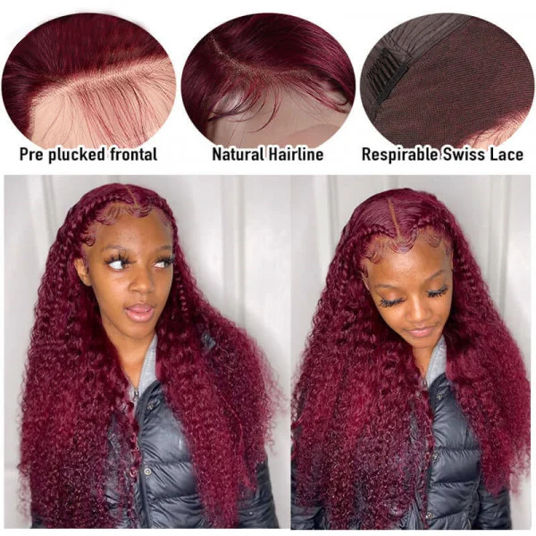 Burgundy 99J Color Jerry Curly T Part 13*4 Lace Frontal Human Hair Wig 180% Density Lace Part Wigs - Amanda Hair