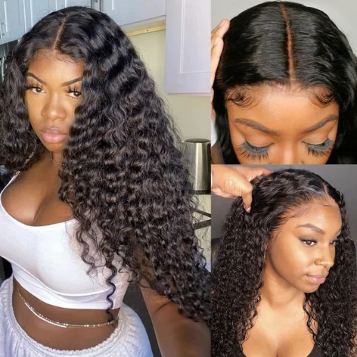 Deep Wave 180% Density Middle Part Lace Front Human Hair Wigs T-Part Pre Plucked Lace Frontal With Baby Hair Wig - Amanda Hair