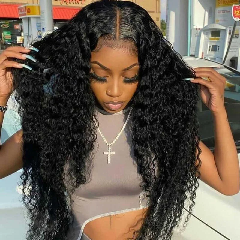 Deep Wave 180% Density Middle Part Lace Front Human Hair Wigs T-Part Pre Plucked Lace Frontal With Baby Hair Wig - Amanda Hair