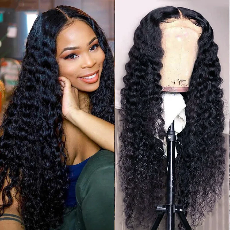 Deep Wave 180% Density Middle Part Lace Front Human Hair Wigs T-Part Pre Plucked Lace Frontal With Baby Hair Wig - Amanda Hair