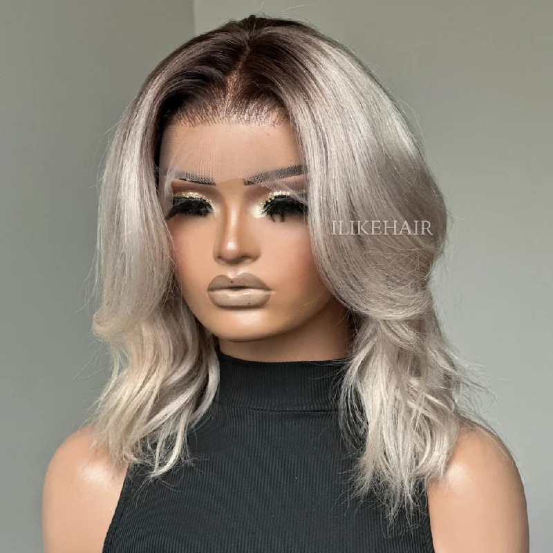 Ash Blonde With Dark Root Short Wavy 13x4 Lace Front Wig