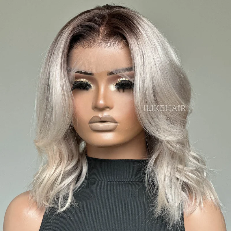 Ash Blonde With Dark Root Short Wavy 13x4 Lace Front Wig