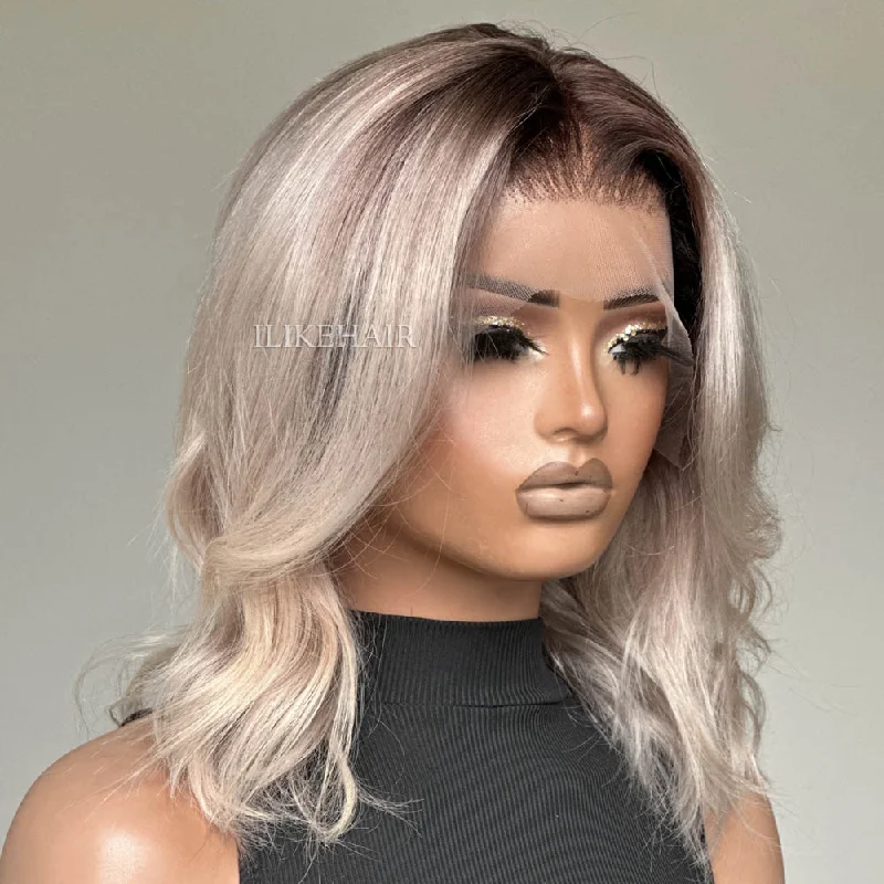 Ash Blonde With Dark Root Short Wavy 13x4 Lace Front Wig