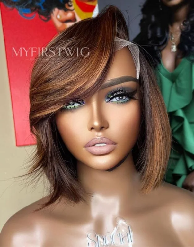 ASPECIALUNIT-Chesnut Brown Bob Invisible Lace Glueless Human Hair Wig- SPE073