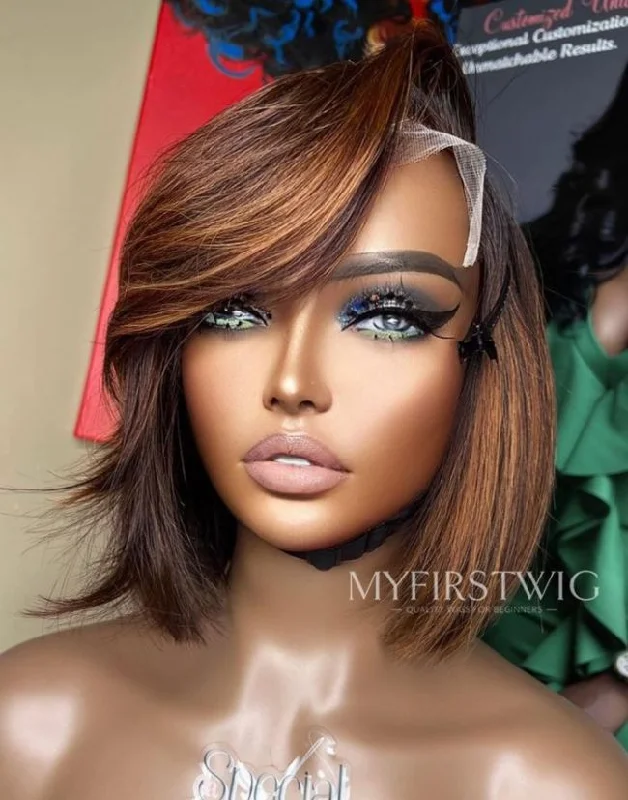 ASPECIALUNIT-Chesnut Brown Bob Invisible Lace Glueless Human Hair Wig- SPE073