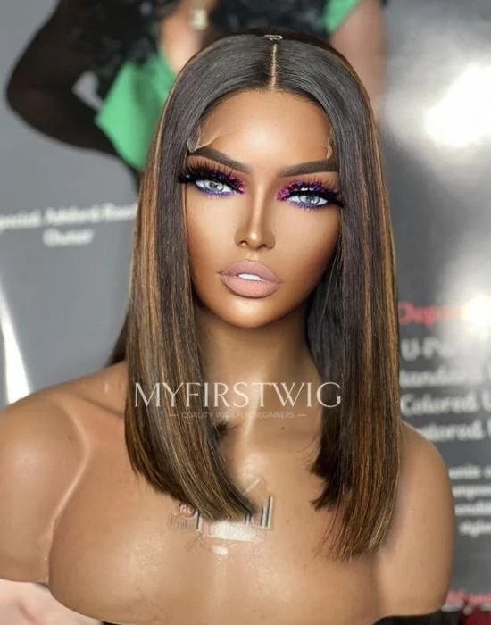 ASPECIALUNIT - HUMAN HAIR BROWN HIGHLIGHT BOB LACE FRONT WIG - SPE034