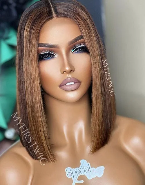 Aspecialunit - Malaysian Hair Brown Ombre Highlight Bob Lace Front Wig - SPE004