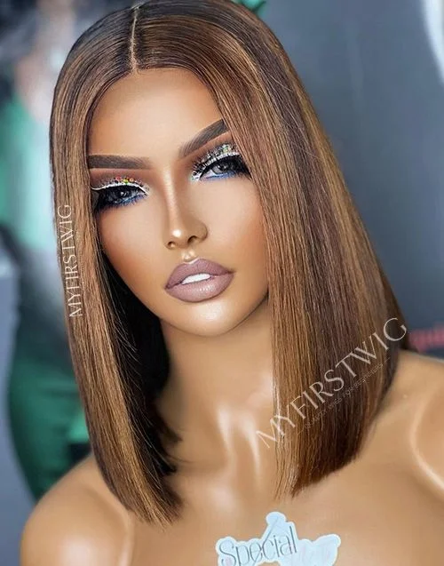 Aspecialunit - Malaysian Hair Brown Ombre Highlight Bob Lace Front Wig - SPE004