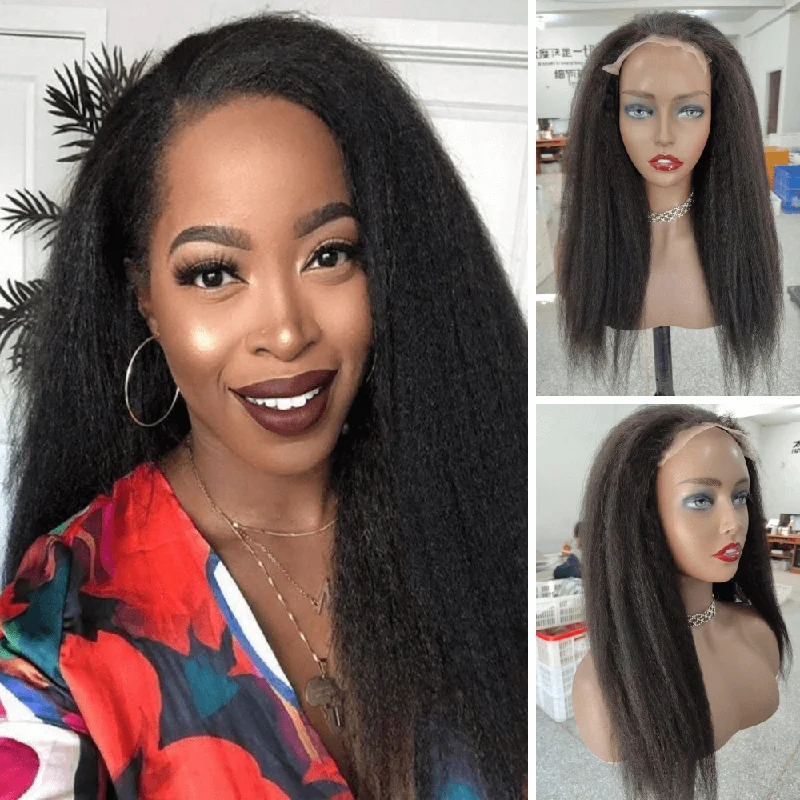 Black Kinky Straight Lace Closure Wig 4x4 Human Hair for African American