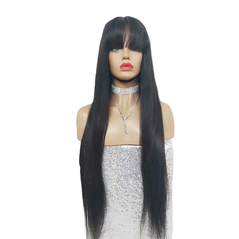 Black Straight Lace frontal Wigs with Bangs Human Hair for Black Women