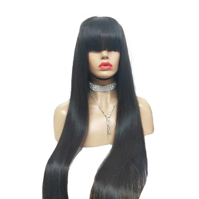 Black Straight Lace frontal Wigs with Bangs Human Hair for Black Women