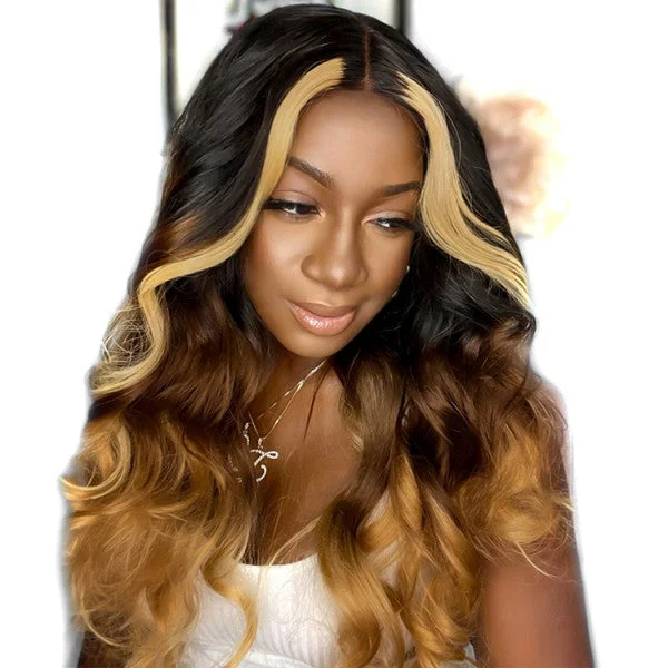 Black with Blond Ombre Color 13x4/T Part/4x4 Lace Wigs Body Wave Human Hair Lace Wigs 30 Inch Vrvogue Hair