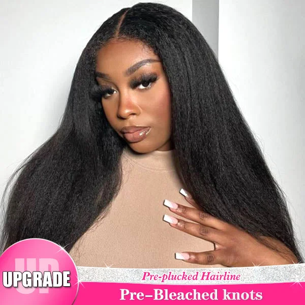 Pre Bleached Knots Kinky Straight HD Lace Closure Wigs For Women Yaki Straight Human Hair Wigs