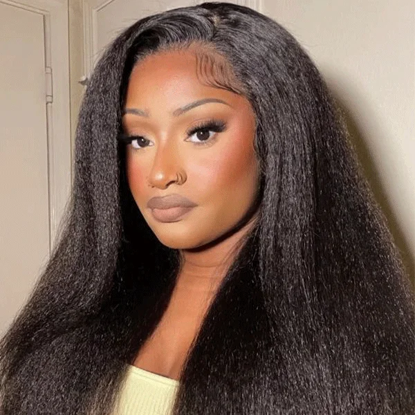 Pre Bleached Knots Kinky Straight HD Lace Closure Wigs For Women Yaki Straight Human Hair Wigs