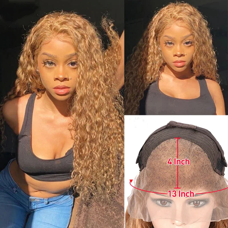 Vrvogue Hair Honey Blonde Pre Plucked Water Wave 13x4 / T Part Lace Front  Wigs Human Hair Wigs