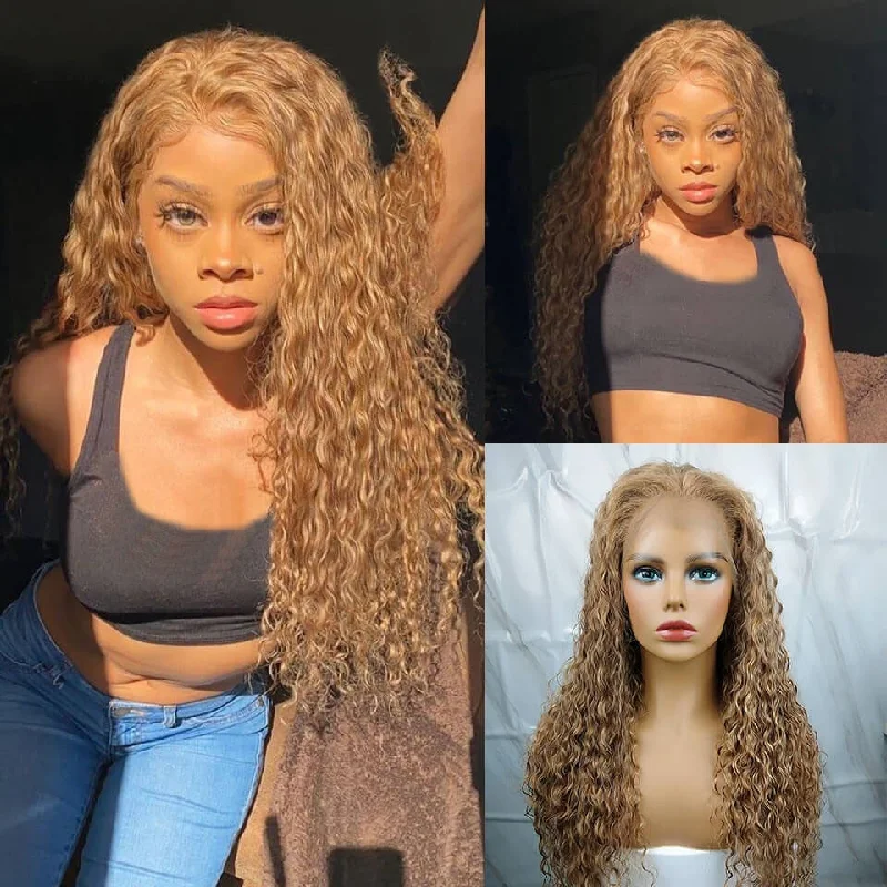 Vrvogue Hair Honey Blonde Pre Plucked Water Wave 13x4 / T Part Lace Front  Wigs Human Hair Wigs