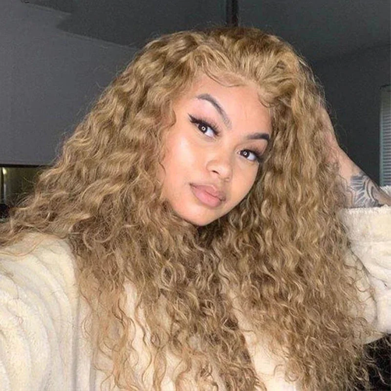 Vrvogue Hair Honey Blonde Pre Plucked Water Wave 13x4 / T Part Lace Front  Wigs Human Hair Wigs